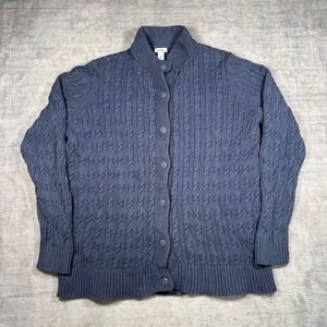 L.L. Bean Sweater Womens XL Blue Cotton Cable Knit Cardigan Mock Neck Button Up